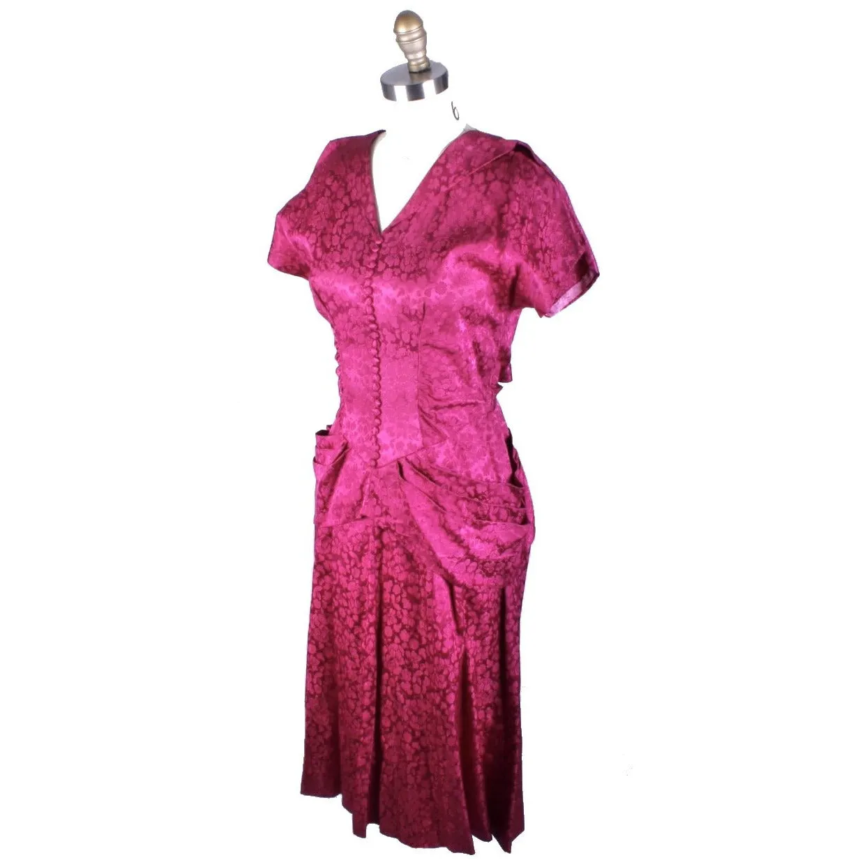 Vintage 1940s Dress Deep Fuchsia Damask WW2 Womens Sz S/M Hip Drapes