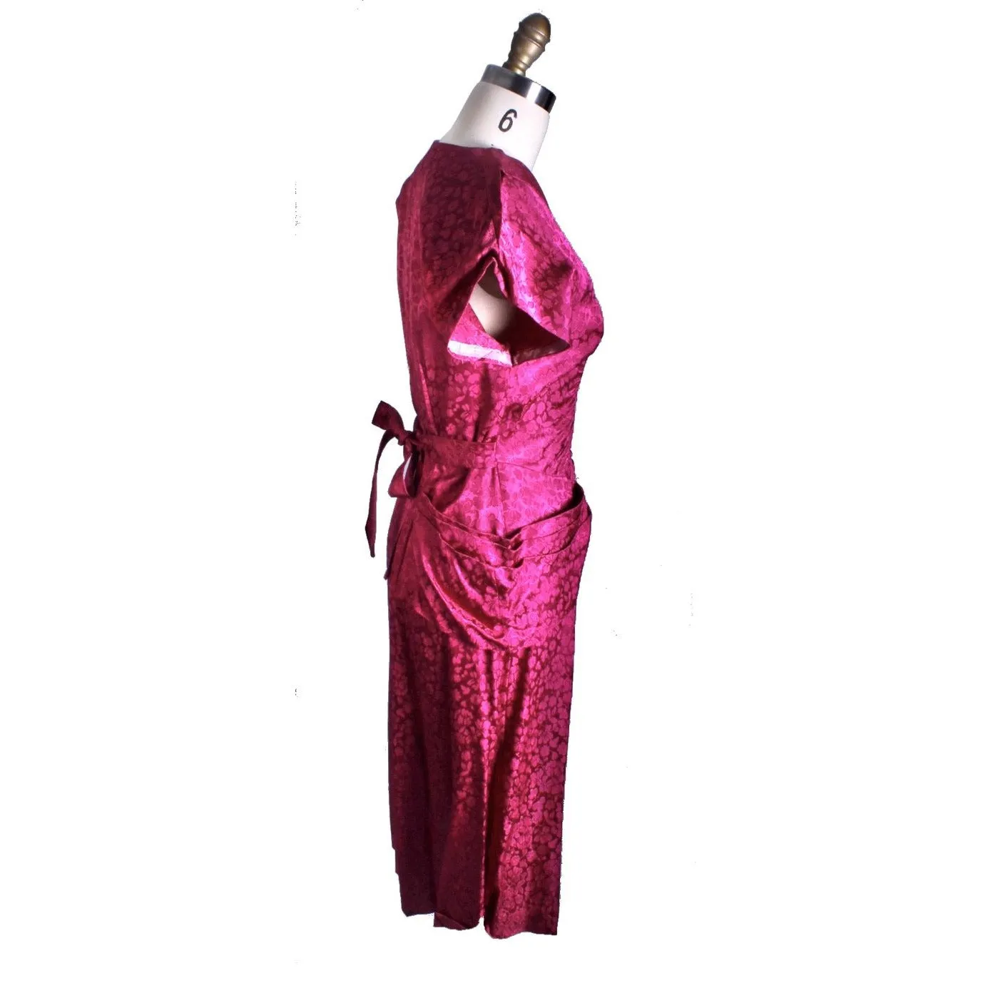 Vintage 1940s Dress Deep Fuchsia Damask WW2 Womens Sz S/M Hip Drapes