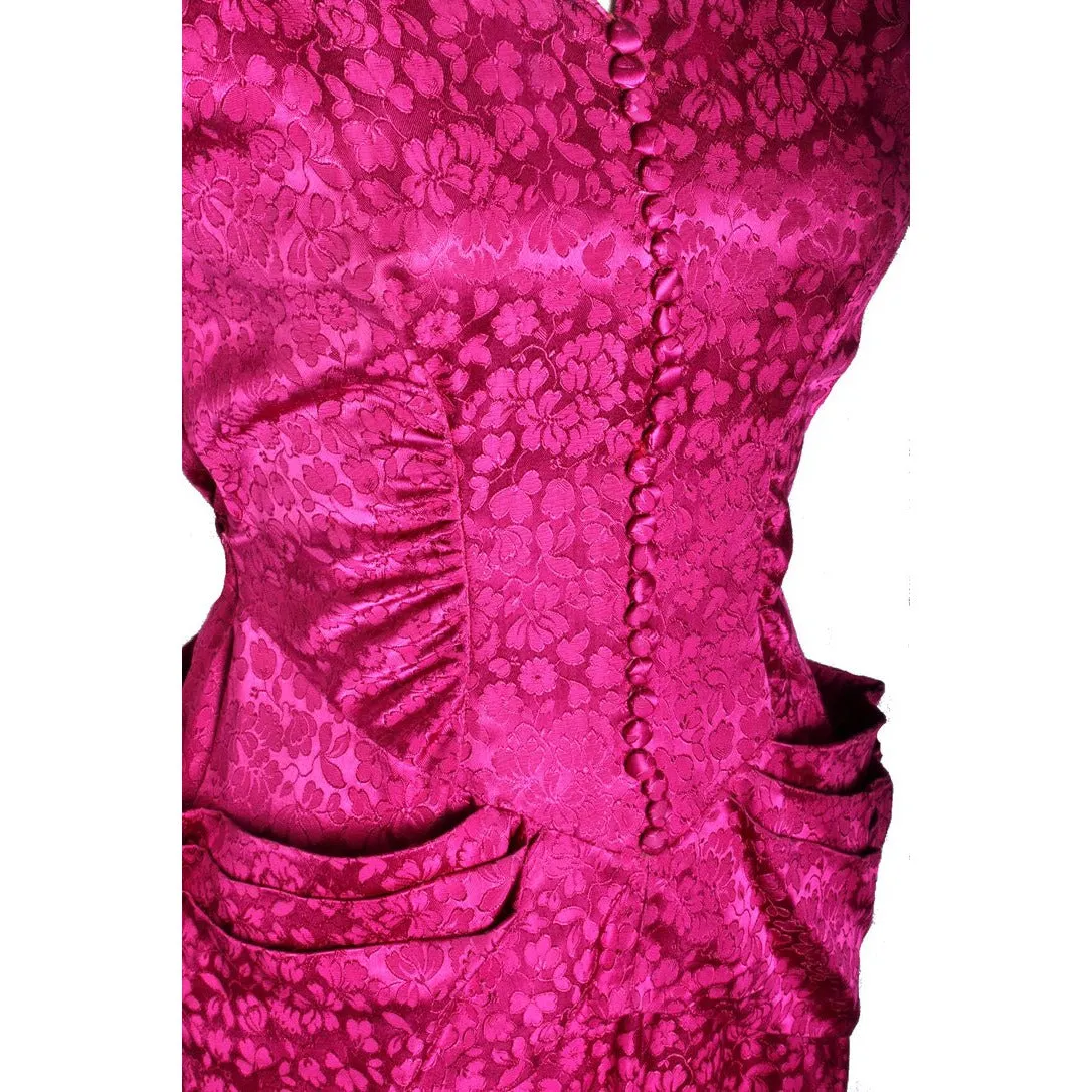Vintage 1940s Dress Deep Fuchsia Damask WW2 Womens Sz S/M Hip Drapes
