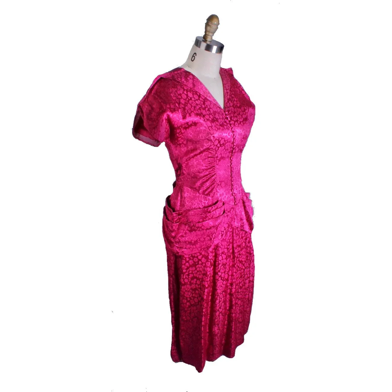 Vintage 1940s Dress Deep Fuchsia Damask WW2 Womens Sz S/M Hip Drapes