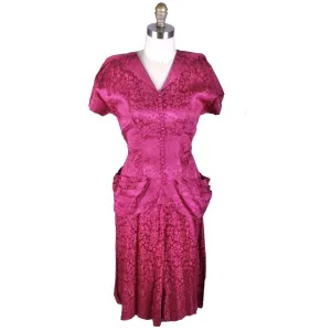 Vintage 1940s Dress Deep Fuchsia Damask WW2 Womens Sz S/M Hip Drapes