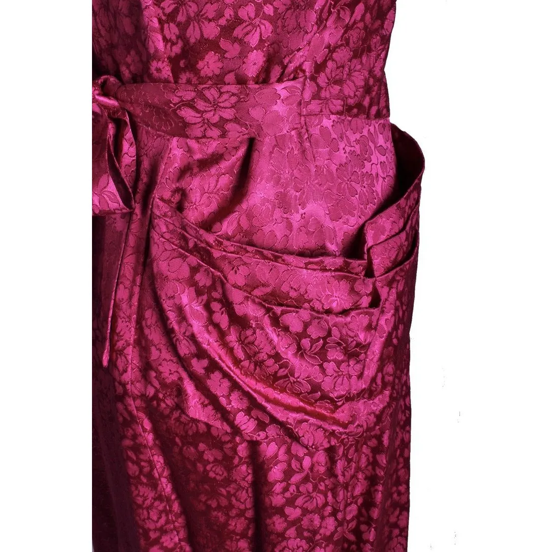 Vintage 1940s Dress Deep Fuchsia Damask WW2 Womens Sz S/M Hip Drapes
