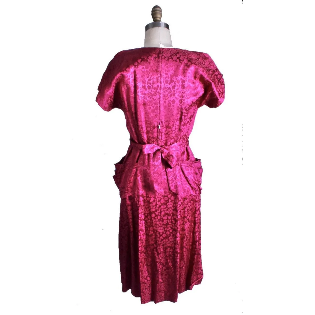 Vintage 1940s Dress Deep Fuchsia Damask WW2 Womens Sz S/M Hip Drapes