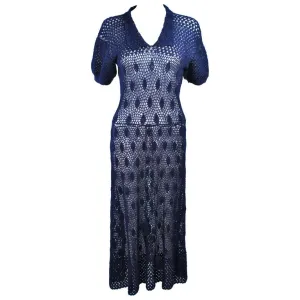 VINTAGE Circa 1950s Navy Blue Crochet Knit Dress Size 4-6