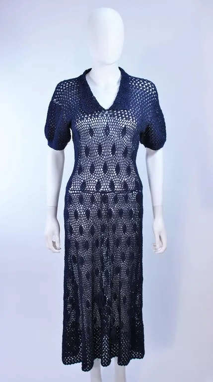 VINTAGE Circa 1950s Navy Blue Crochet Knit Dress Size 4-6