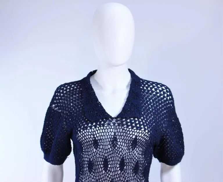 VINTAGE Circa 1950s Navy Blue Crochet Knit Dress Size 4-6