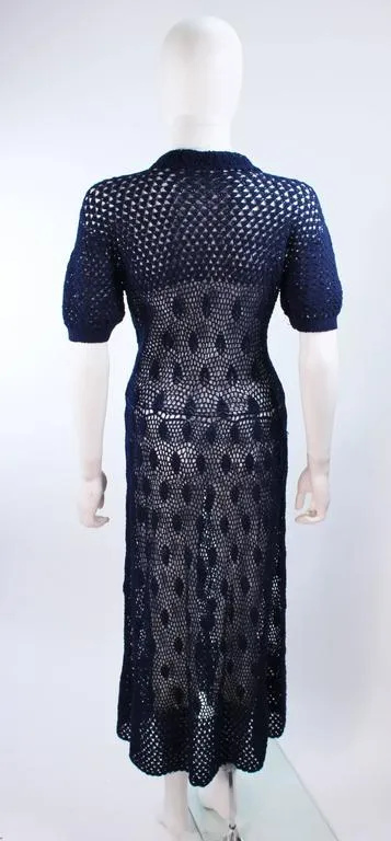 VINTAGE Circa 1950s Navy Blue Crochet Knit Dress Size 4-6
