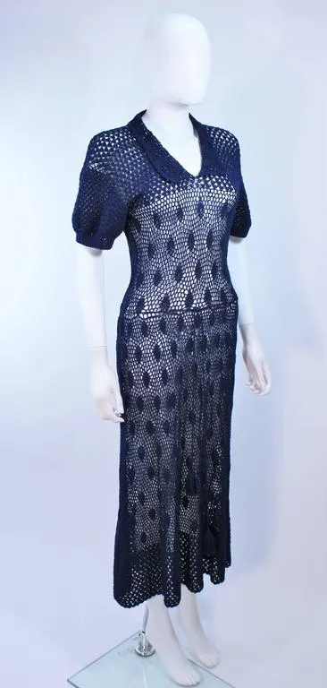 VINTAGE Circa 1950s Navy Blue Crochet Knit Dress Size 4-6