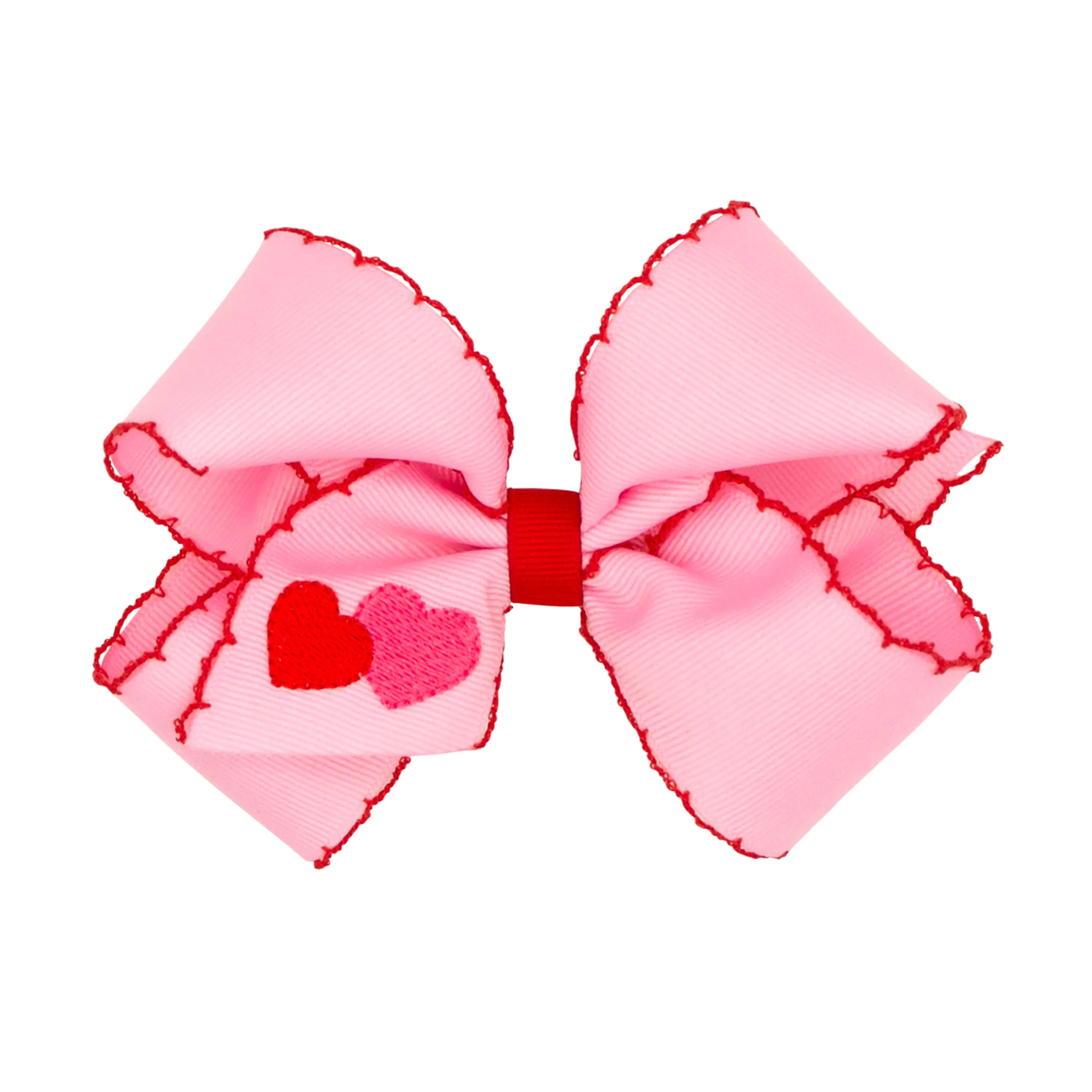Wee Ones Double Heart Embroidered Grosgrain Hair Bow on Clippie - Pearl w/ Red