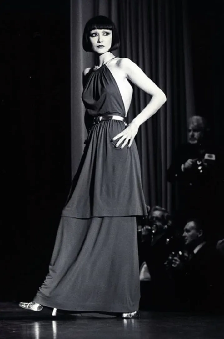 Well Documented Fall 1975 Yves Saint Laurent Brown Silk Jersey w Gold Strap Backless Dress