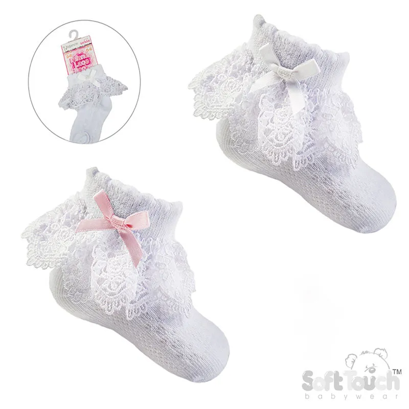 WHITE ANKLE SOCKS W/ROSE LACE & WHITE OR PINK BOW (0-12 Months) S342