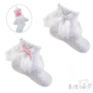 WHITE ANKLE SOCKS W/ROSE LACE & WHITE OR PINK BOW (0-12 Months) S342