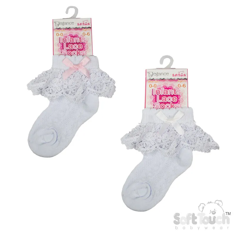WHITE ANKLE SOCKS W/ROSE LACE & WHITE OR PINK BOW (0-12 Months) S342