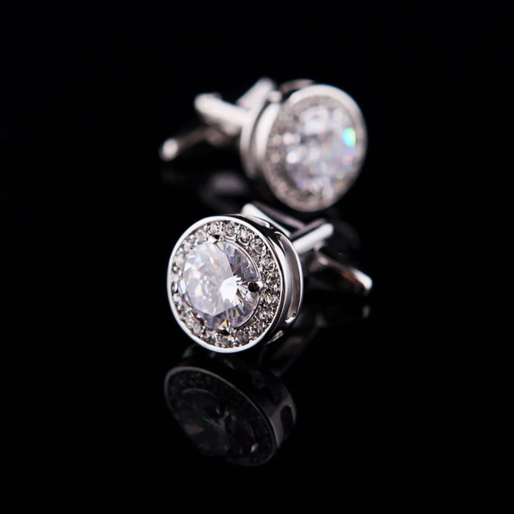 White Big Stone Mens Stainless Steel Round Cufflinks for Shirt with Box - Hand Crafted Perfect Gift