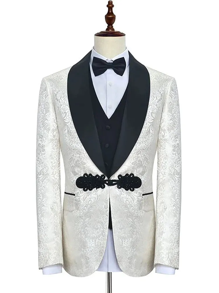 White Floral Tuxedo Slim Fit 3-Piece Suit with Black Lapel