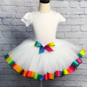 White Tutu / MultiColor Ribbon Trim & Bow