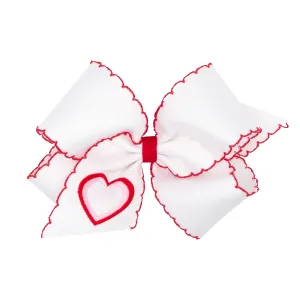 White with Heart Embroidered Red Moon Stitch Hair Bow on Clippie