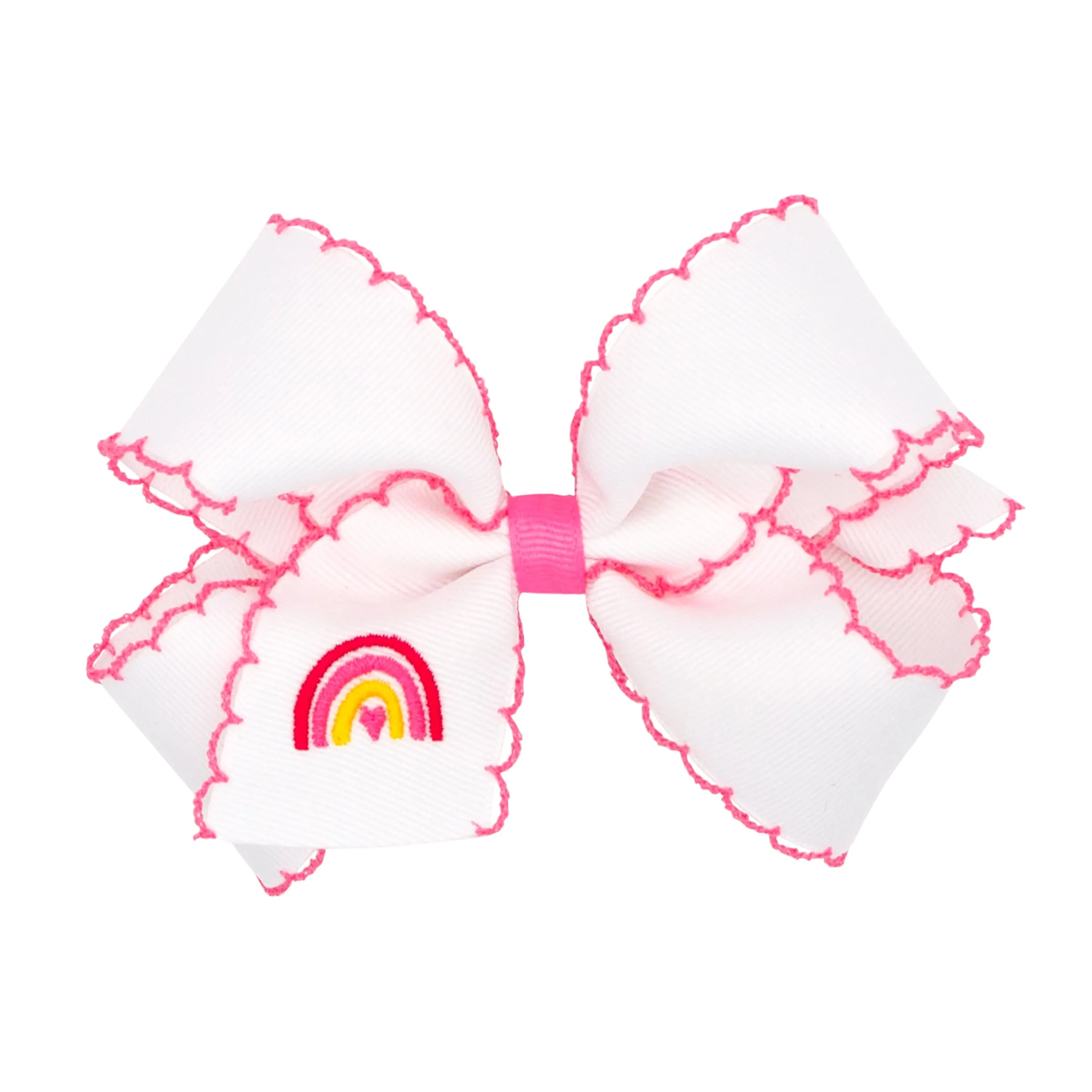 White with Hot Pink Rainbow Embroidered Moon Stitch Hair Bow on Clippie