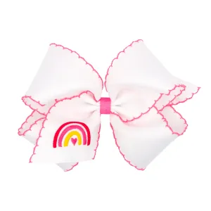 White with Hot Pink Rainbow Embroidered Moon Stitch Hair Bow on Clippie