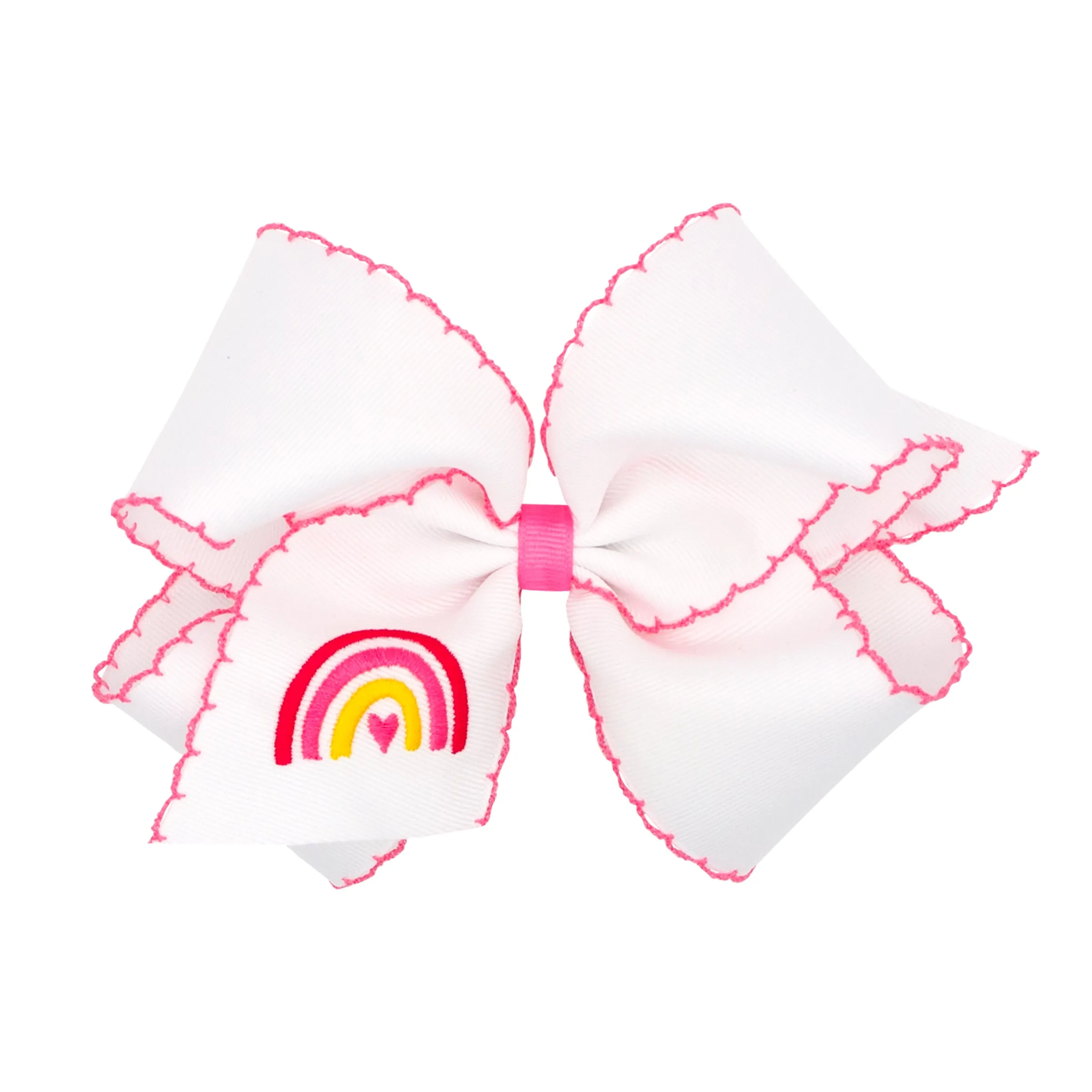 White with Hot Pink Rainbow Embroidered Moon Stitch Hair Bow on Clippie