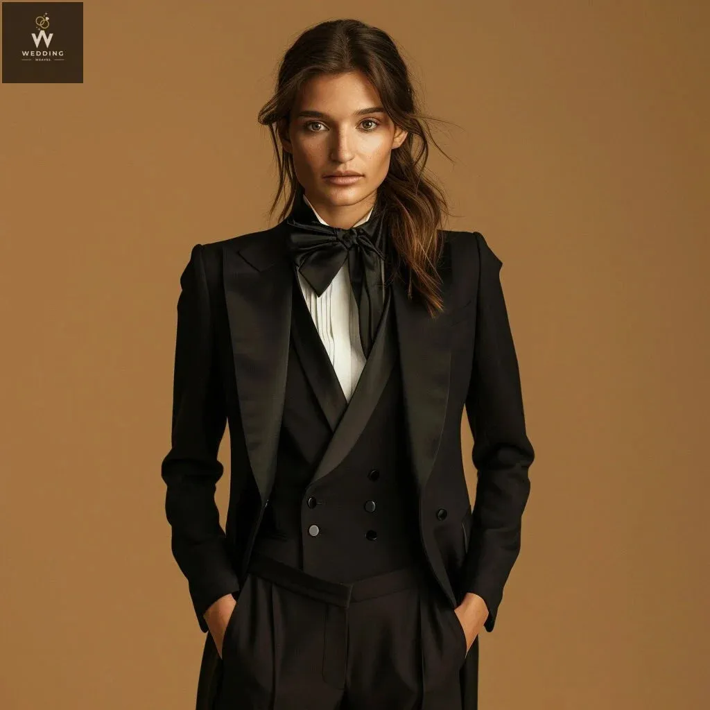 Women's Black Three-Piece Tuxedo Suit - Wedding Suit Set & Formal Wear | Double-Breasted Vest