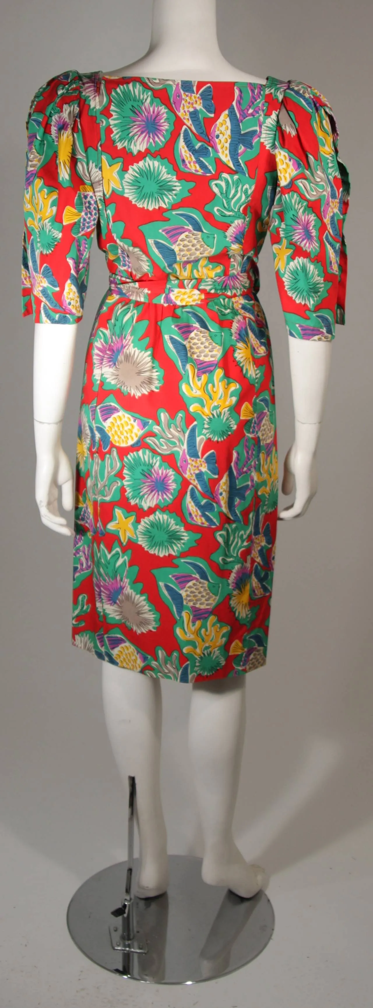 YVES SAINT LAURENT Red Cotton Dress w/ Reef Life Pattern Size 38