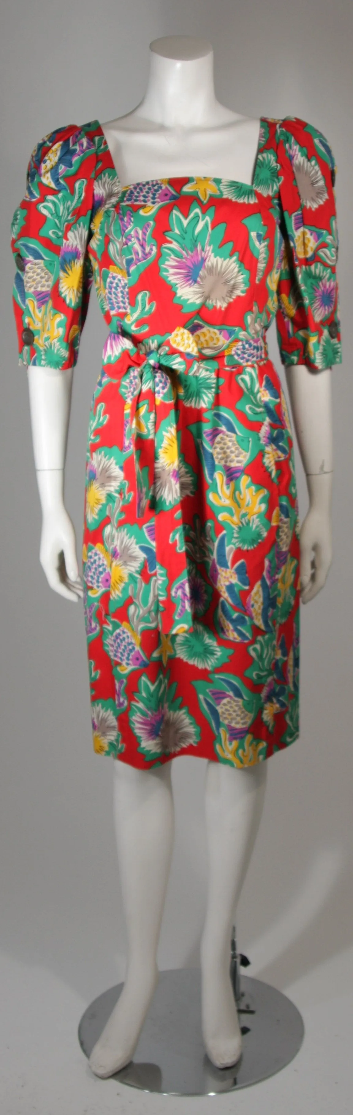 YVES SAINT LAURENT Red Cotton Dress w/ Reef Life Pattern Size 38