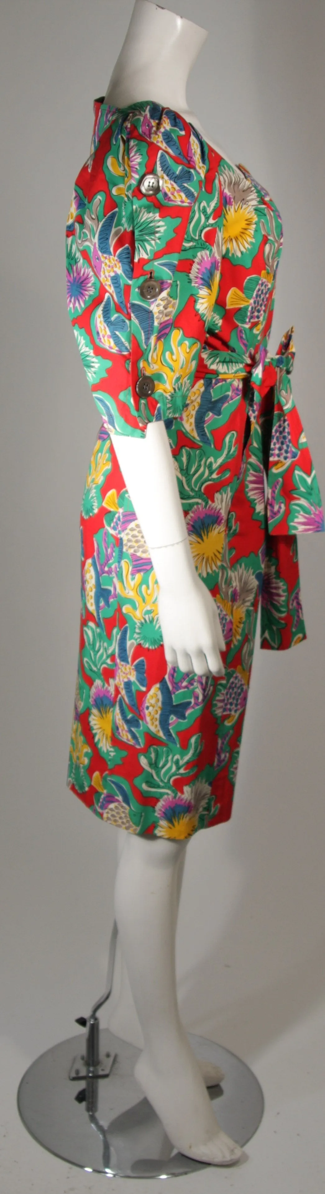 YVES SAINT LAURENT Red Cotton Dress w/ Reef Life Pattern Size 38