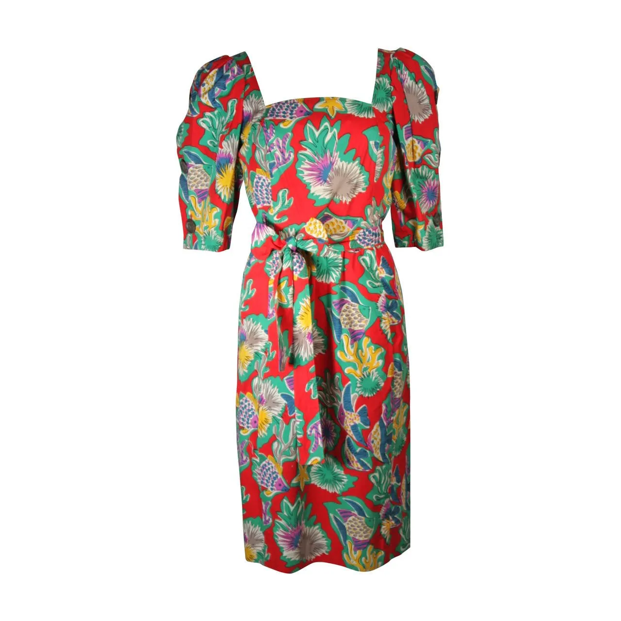 YVES SAINT LAURENT Red Cotton Dress w/ Reef Life Pattern Size 38