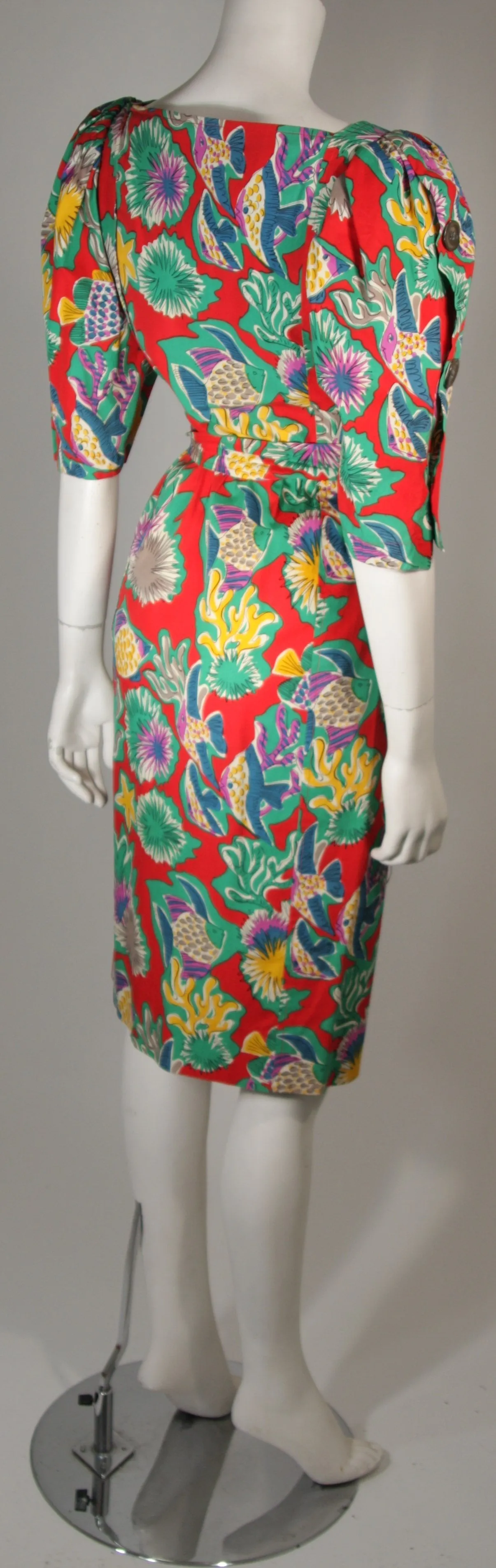 YVES SAINT LAURENT Red Cotton Dress w/ Reef Life Pattern Size 38