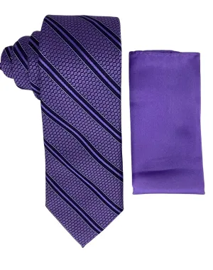 Zenio Diagonal Stripe Tie and Handkerchief - Purple