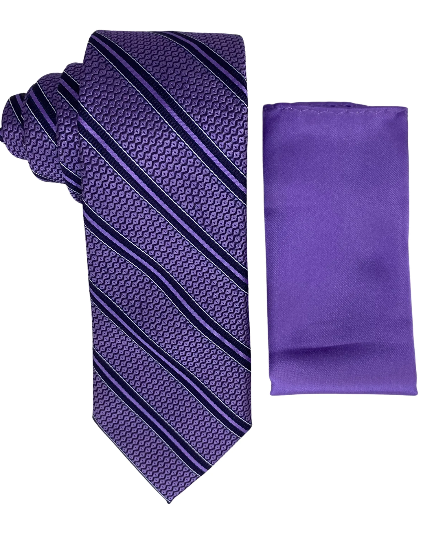 Zenio Diagonal Stripe Tie and Handkerchief - Purple