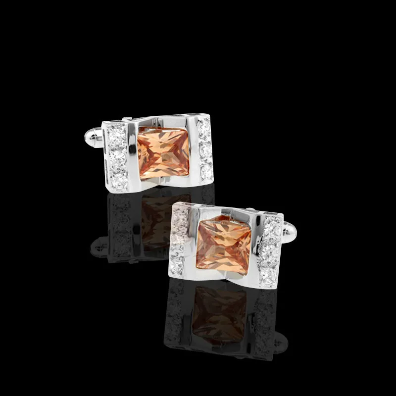 Zirconia with Orange Mens Stainless Steel Square Cufflinks for Shirt with Box - Hand Crafted Perfect